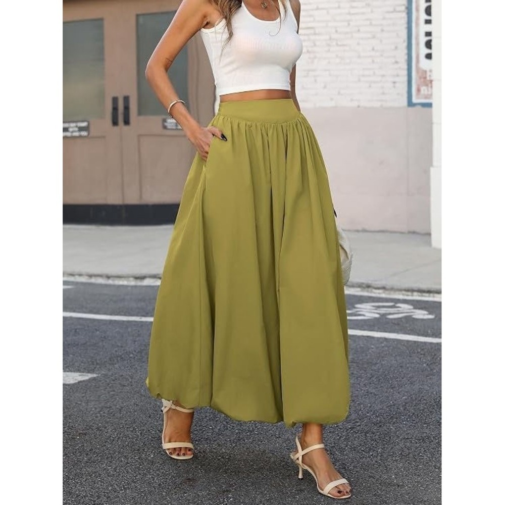 Elleven Women's Puffy Bubble Maxi Skirt w/ Pockets & Elastic Waist - Green - M - Picture 2 of 5